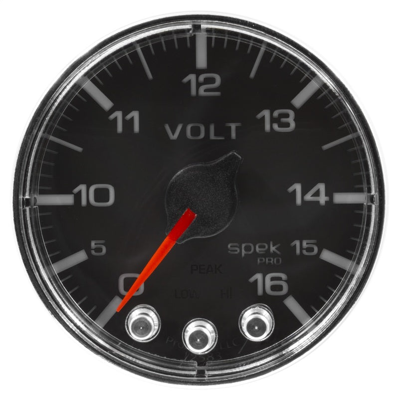 Autometer Spek-Pro Gauge Voltmeter 2 1/16in 16V Stepper Motor W/Peak & Warn Blk/Chrm - My Store
