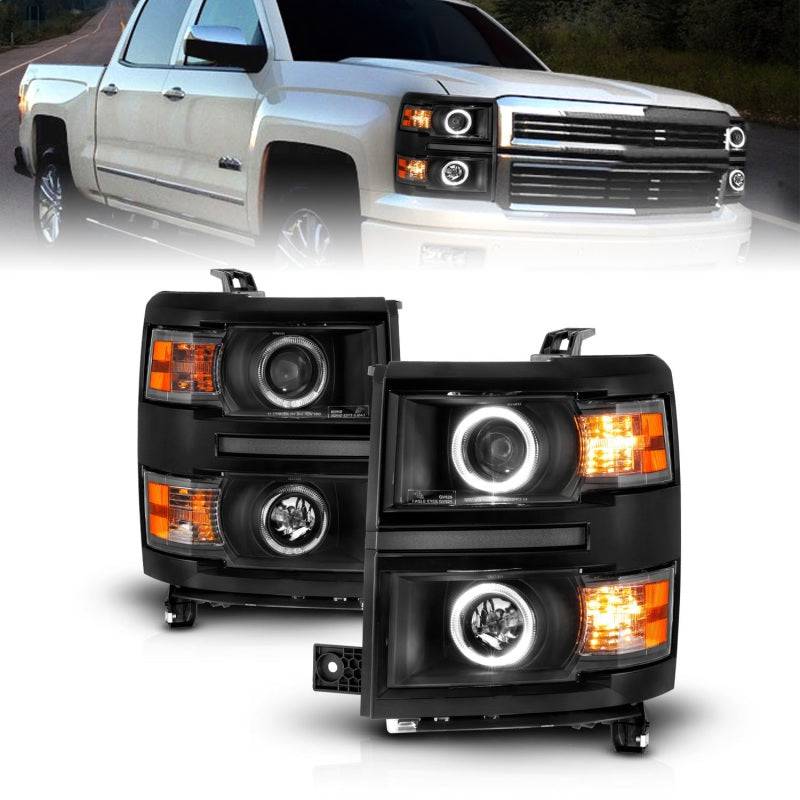 ANZO 14-15 Chevrolet Silverado 1500 Projector Headlights w/ Halo Black Housing w/ Black Trim - Mammoth Racing -