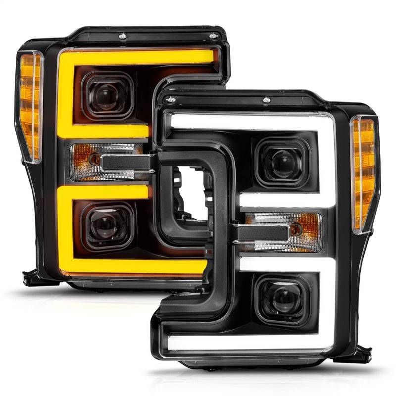 ANZO 17-19 Ford F-250/350/450 SD (w/o Factory LED) LED Proj Headlights w/Light Bar Switchback Blk - Mammoth Racing -