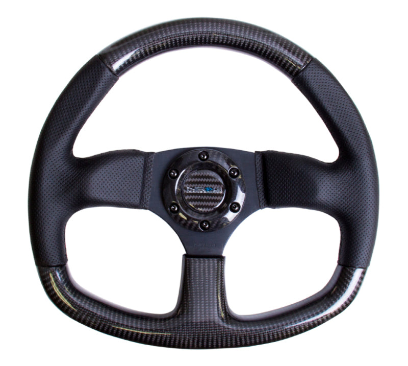 NRG Carbon Fiber Steering Wheel (320mm) Flat Bottom & Leather Trim w/Black Stitching - My Store