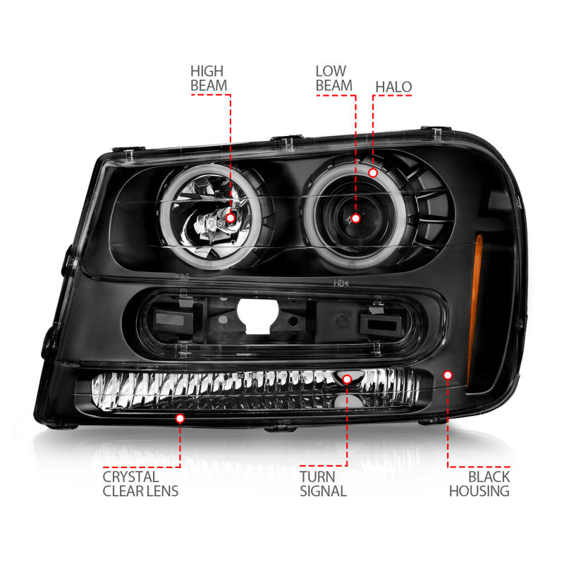 ANZO 02-09 Chevrolet Trailblazer (Will Not Fit 06-09 LT) Projector Headlights w/Halo Black Housing - Mammoth Racing -