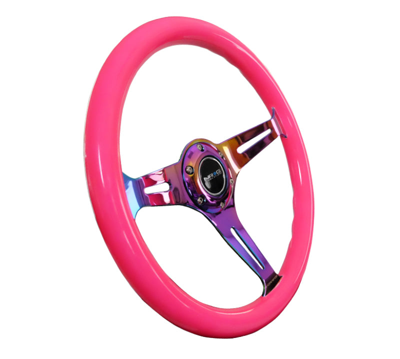 NRG Classic Wood Grain Steering Wheel (350mm) Neon Pink Painted Grip w/Neochrome 3-Spoke Center - My Store