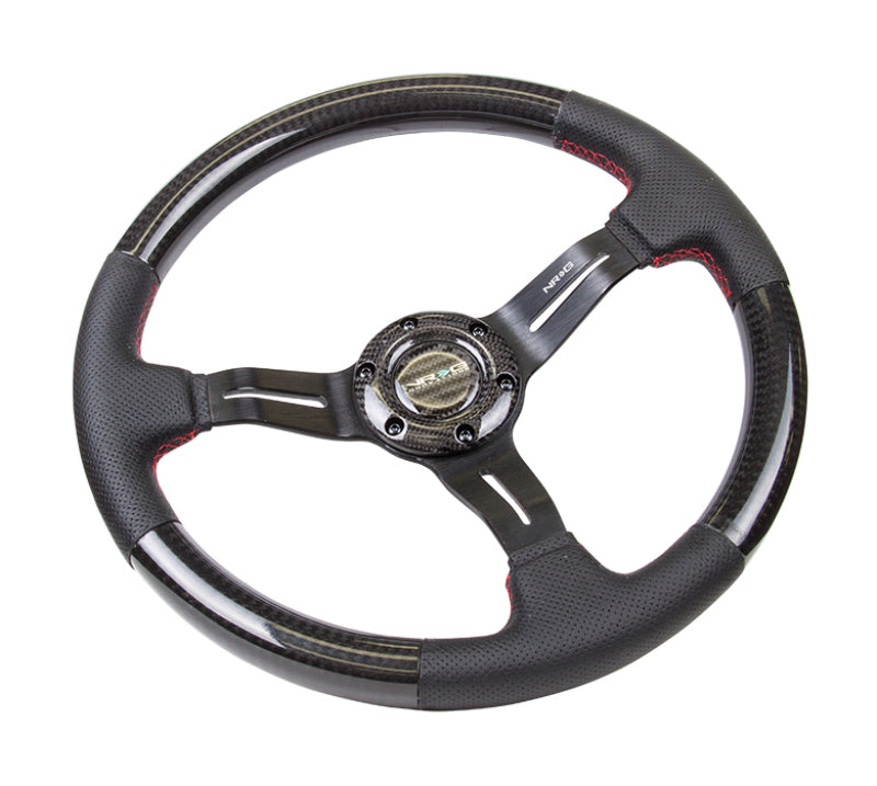 NRG Carbon Fiber Steering Wheel (350mm /1.5in. Deep) Leather Trim w/Red Stitch & Slit Cutout Spokes - My Store