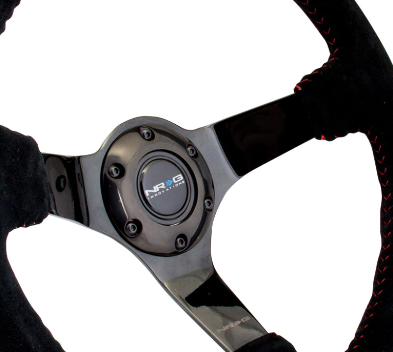 NRG Reinforced Steering Wheel (350mm / 3in. Deep) Blk Suede w/Red BBall Stitch & Black 3-Spoke - My Store