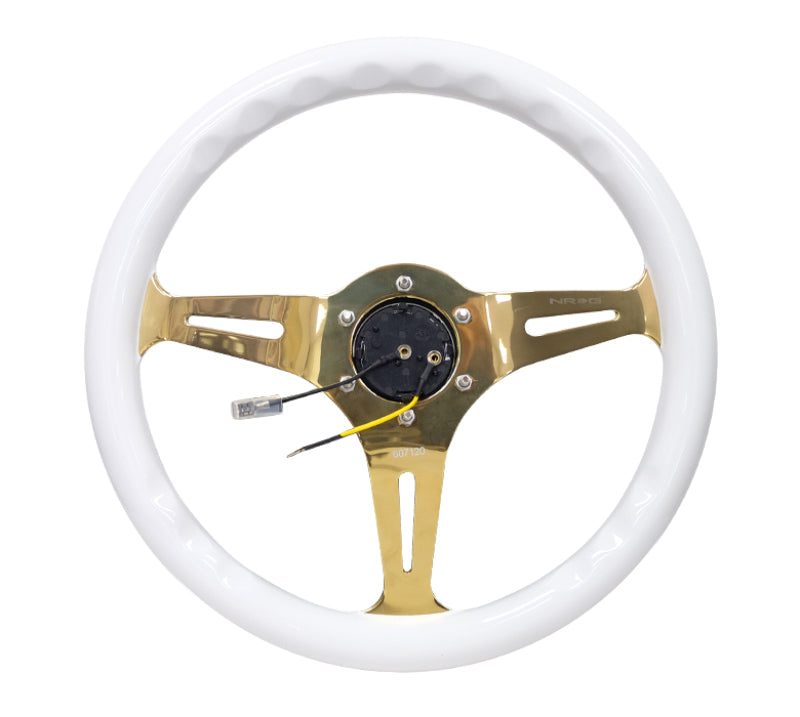 NRG Classic Wood Grain Steering Wheel (350mm) White Grip w/Chrome Gold 3-Spoke Center - My Store