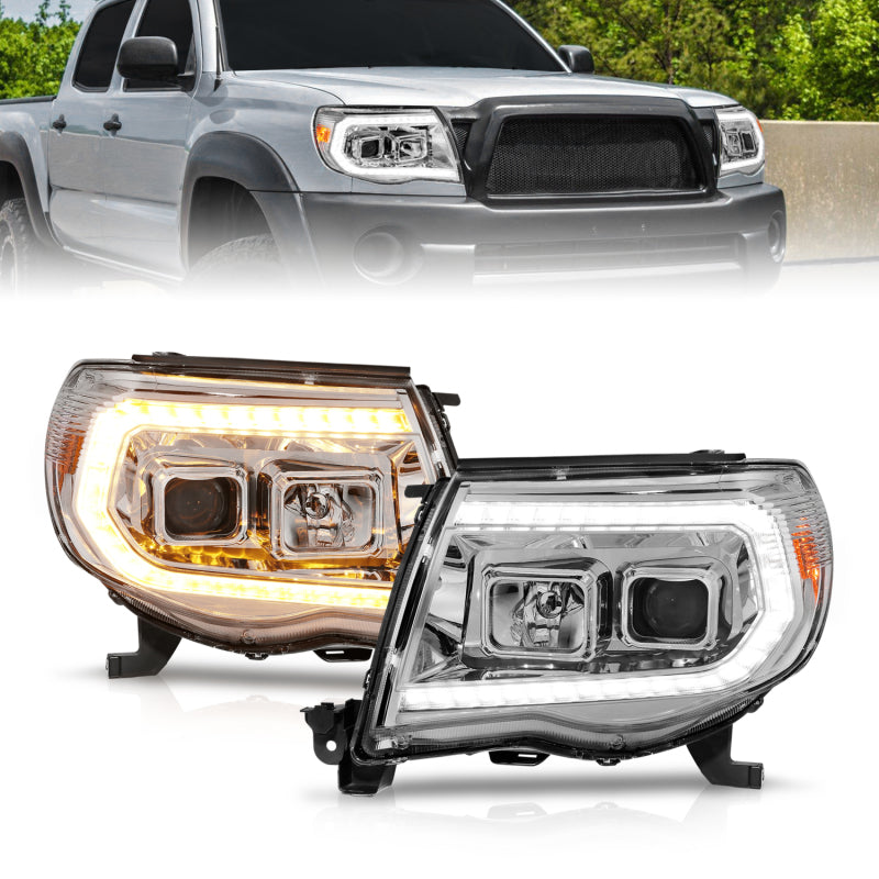 ANZO 05-11 Toyota Tacoma Projector Headlights w/Light Bar Switchback Chrome Housing - Mammoth Racing -