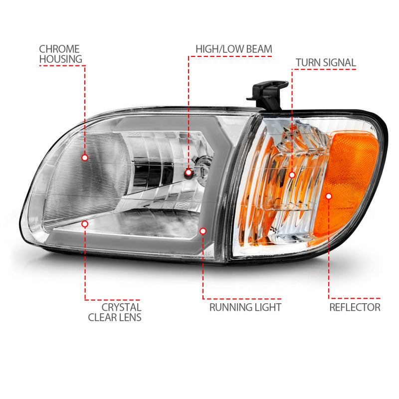 ANZO 00-04 Toyota Tundra (Reg/Acc Cab Only) Crystal Headlights w/Lgt Bar Chrome w/Corner Lights 2pc - Mammoth Racing -