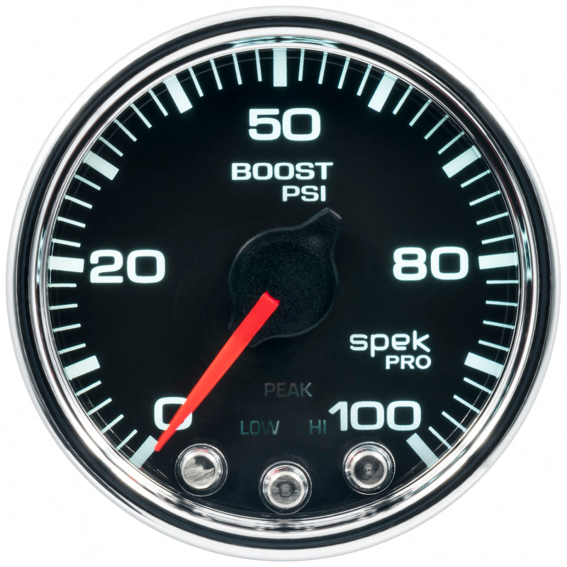 Autometer Spek-Pro Gauge Boost 2 1/16in 100psi Stepper Motor W/Peak & Warn Blk/Chrm - My Store