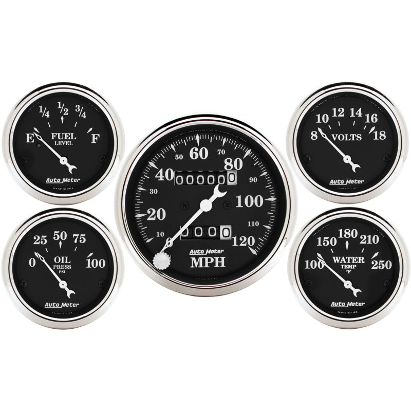 Auto Meter Gauge Kit 5 pc. 3 1/8in & 2 1/16in Mechanical Speedometer Old Tyme Black - My Store