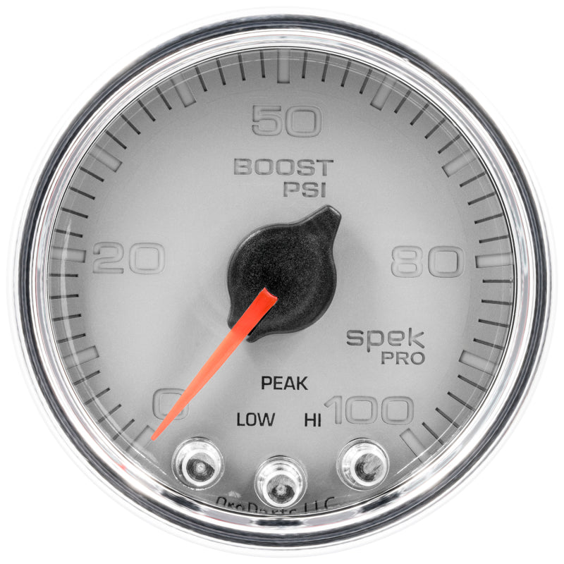 Autometer Spek-Pro Gauge Boost 2 1/16in 100psi Stepper Motor W/Peak & Warn Slvr/Chrm - My Store