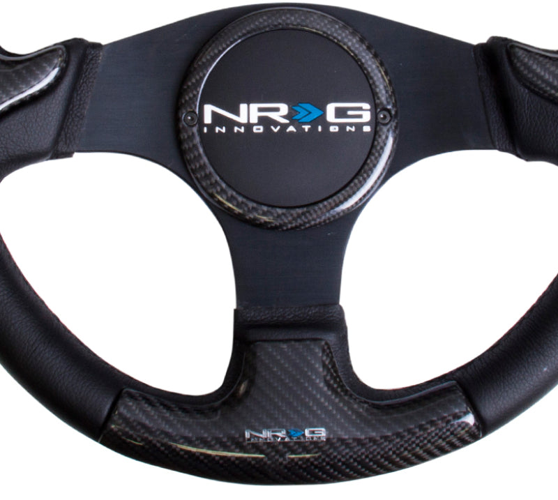 NRG Carbon Fiber Steering Wheel (350mm) Blk Frame Blk Stitching w/Rubber Cover Horn Button - My Store