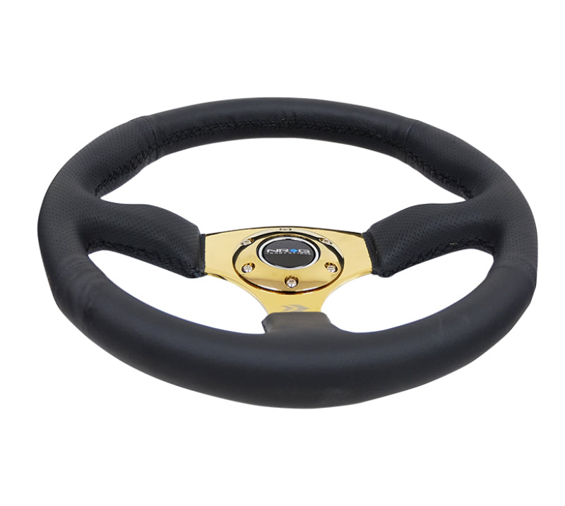 NRG Reinforced Steering Wheel (350mm / 2.5in. Deep) Leather Race Comfort Grip w/4mm Gold Spokes - My Store
