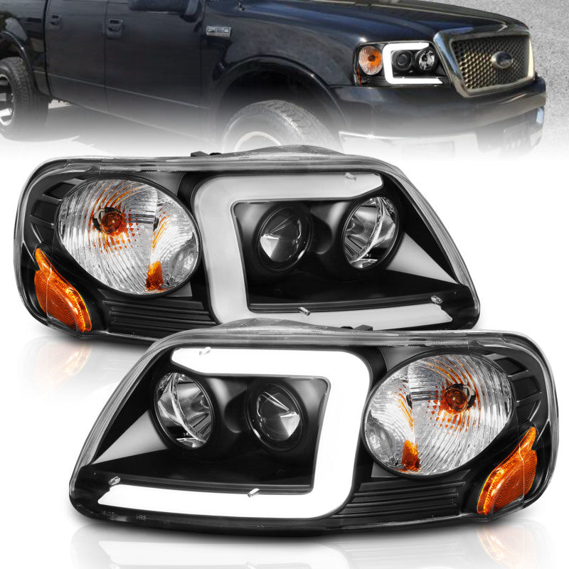 ANZO 1997-2003 Ford F-150 Projector Headlights w/ Light Bar Black Housing - Mammoth Racing -
