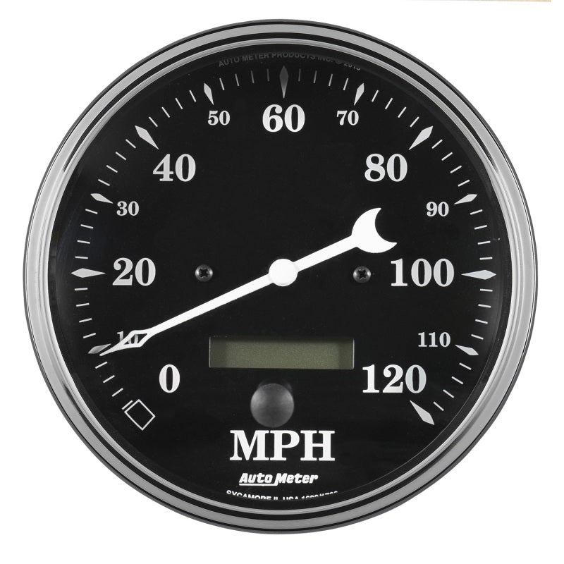 Auto Meter Gauge Speedo. 5in 120mph Elec. Prog. w/ LCD Odo Old Tyme Black - My Store