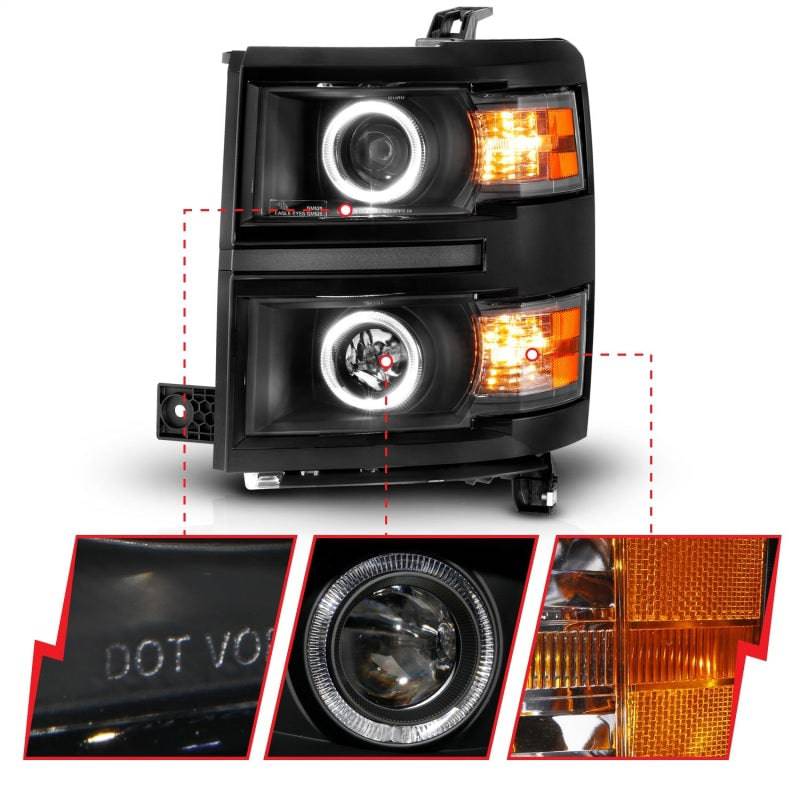 ANZO 14-15 Chevrolet Silverado 1500 Projector Headlights w/ Halo Black Housing w/ Black Trim - Mammoth Racing -