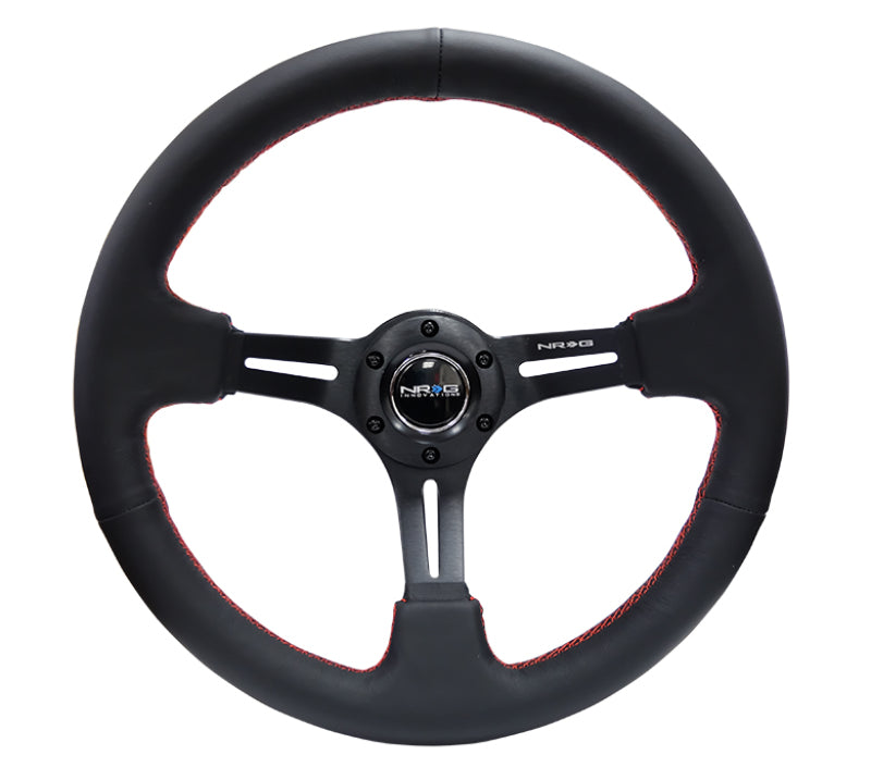 NRG Reinforced Steering Wheel (350mm / 3in. Deep) Black Leather/Red Stitch & Blk 3-Spoke w/Slits - My Store
