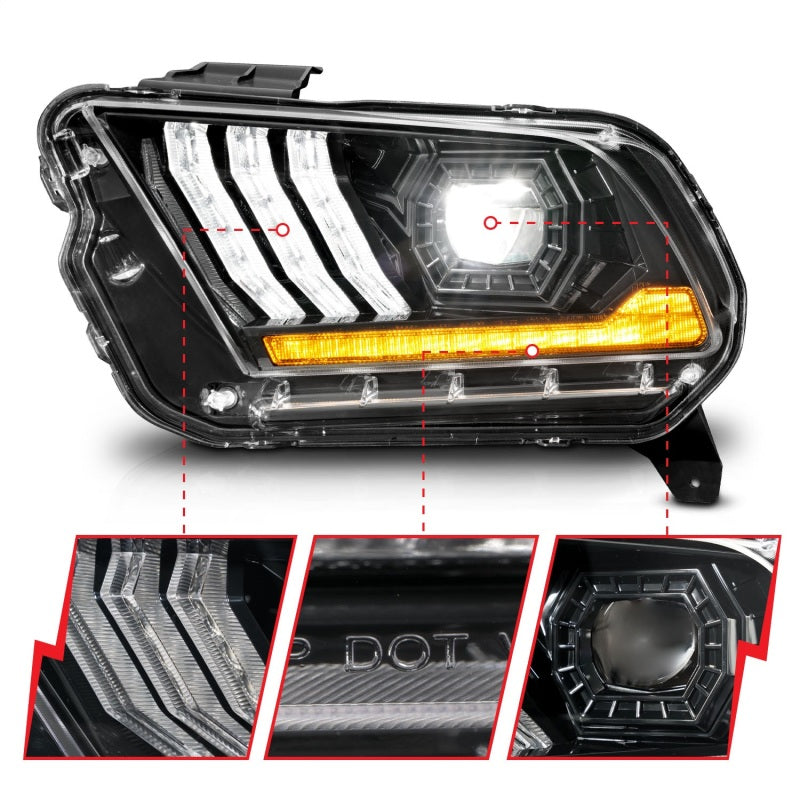 ANZO 13-14 Ford Mustang (w/ Factory HID/Xenon HL only) Projector Headlights w/Light Bar Black - Mammoth Racing -