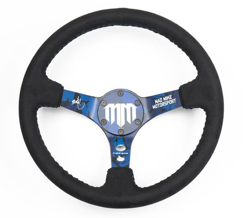 NRG Reinforced Steering Wheel (3in. Deep) Mad Mike/ 5mm Spoke /Alcantara Finish w/ Blue Stitching - My Store