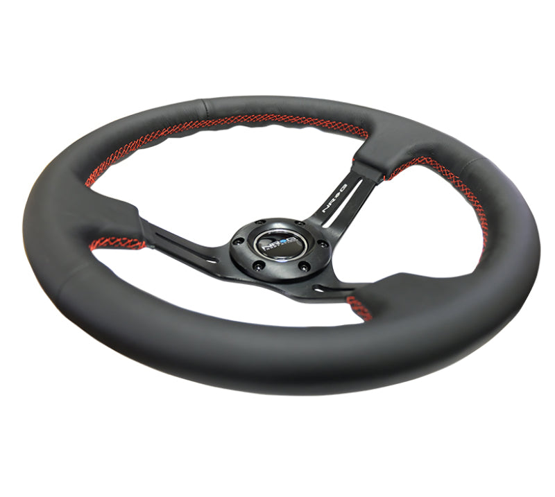 NRG Reinforced Steering Wheel (350mm / 3in. Deep) Black Leather/Red Stitch & Blk 3-Spoke w/Slits - My Store