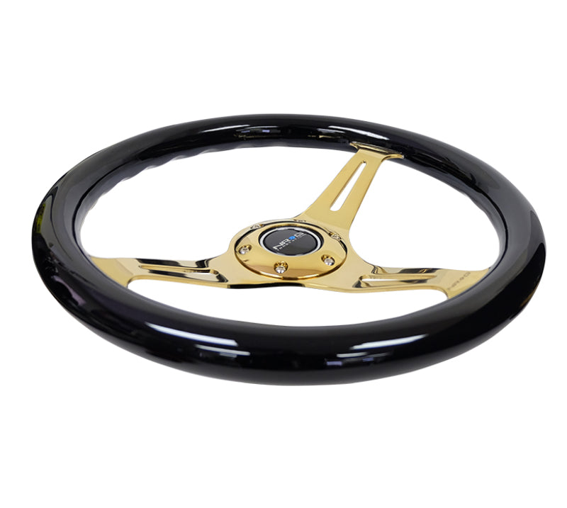 NRG Classic Wood Grain Steering Wheel (350mm) Black Grip w/Chrome Gold 3-Spoke Center - My Store