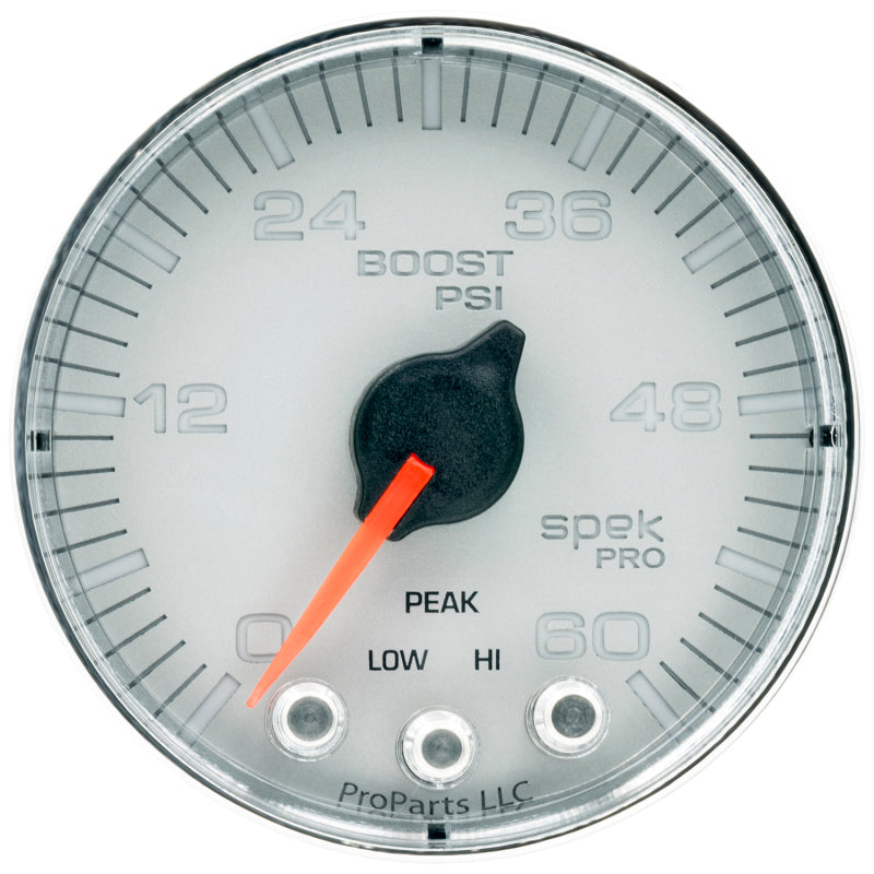 Autometer Spek-Pro Gauge Boost 2 1/16in 60psi Stepper Motor W/Peak & Warn Slvr/Chrm - My Store