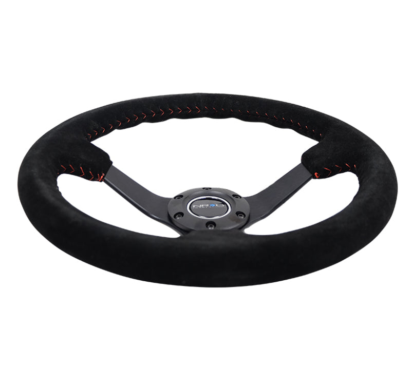 NRG Reinforced Steering Wheel (350mm / 3in. Deep) Blk Suede/Red BBall Stitch w/5mm Matte Blk Spokes - My Store