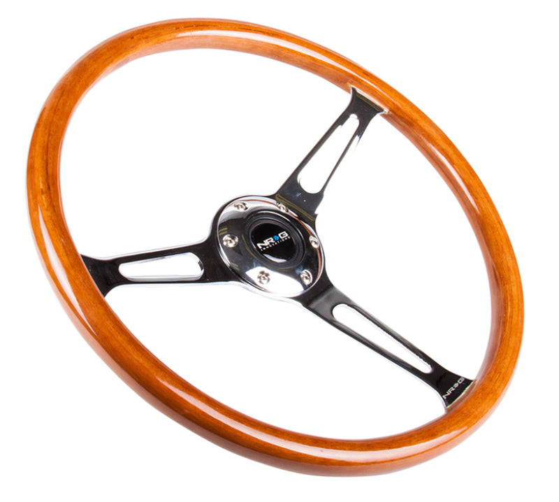 NRG Reinforced Steering Wheel (360mm) Classic Wood Grain w/Chrome Cutout 3-Spoke Center - My Store