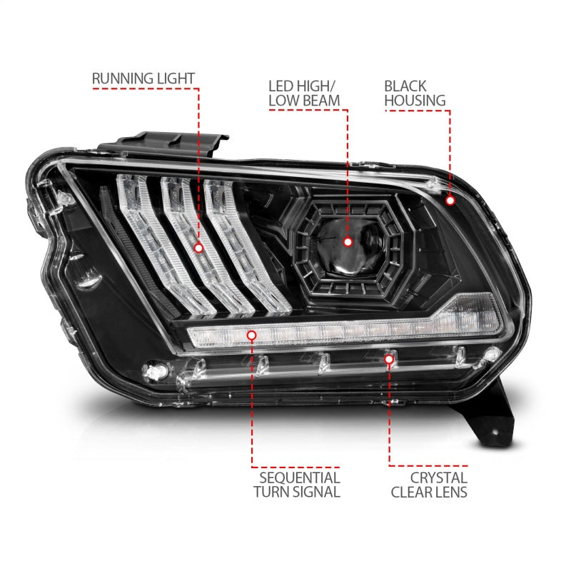 ANZO 13-14 Ford Mustang (w/ Factory HID/Xenon HL only) Projector Headlights w/Light Bar Black - Mammoth Racing -