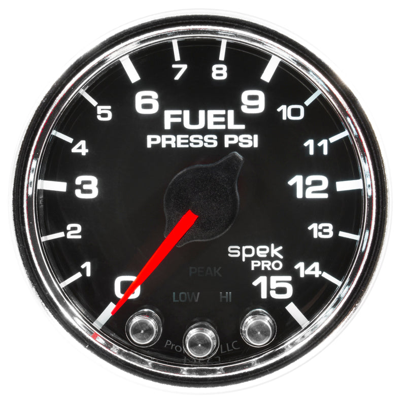 Autometer Spek-Pro Gauge Fuel Press 2 1/16in 15psi Stepper Motor W/Peak & Warn Blk/Chrm - My Store