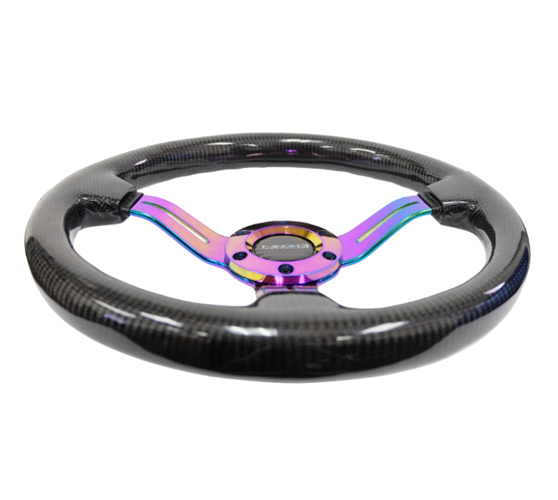 NRG Carbon Fiber Steering Wheel (350mm / 1.5in. Deep) Neochrome 3-Spoke Design w/Slit Cuts - My Store