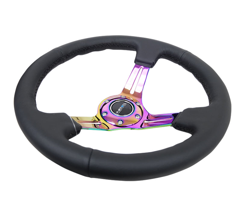 NRG Reinforced Steering Wheel (350mm / 3in. Deep) Blk Leather/Blk Stitch w/Neochrome Slits - My Store