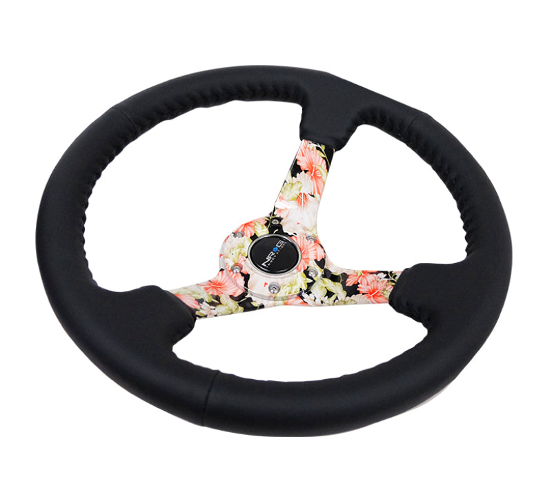 NRG Reinforced Steering Wheel (350mm / 3in. Deep) Blk Leather Floral Dipped w/ Blk Baseball Stitch - My Store