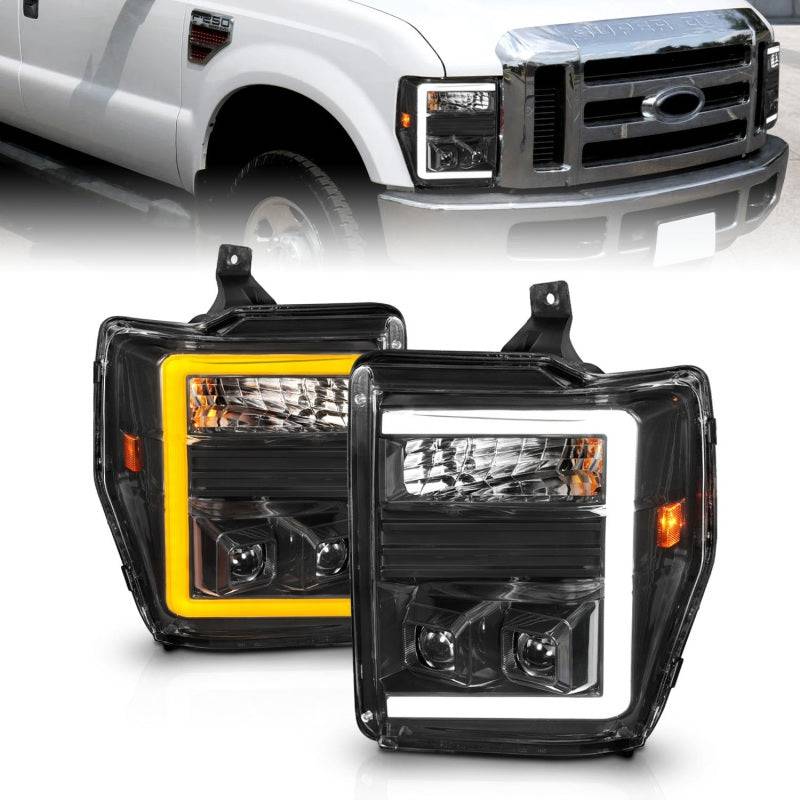 ANZO 08-10 Ford F-250 - F-550 Super Duty Projector Headlights w/ Light Bar Switchback Black Housing - Mammoth Racing -