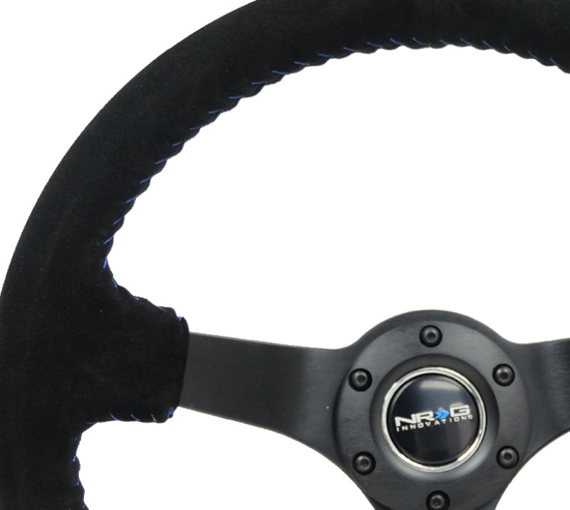 NRG Reinforced Steering Wheel (350mm / 3in. Deep) Blk Suede/Blue BBall Stitch w/5mm Matte Blk Spokes - My Store