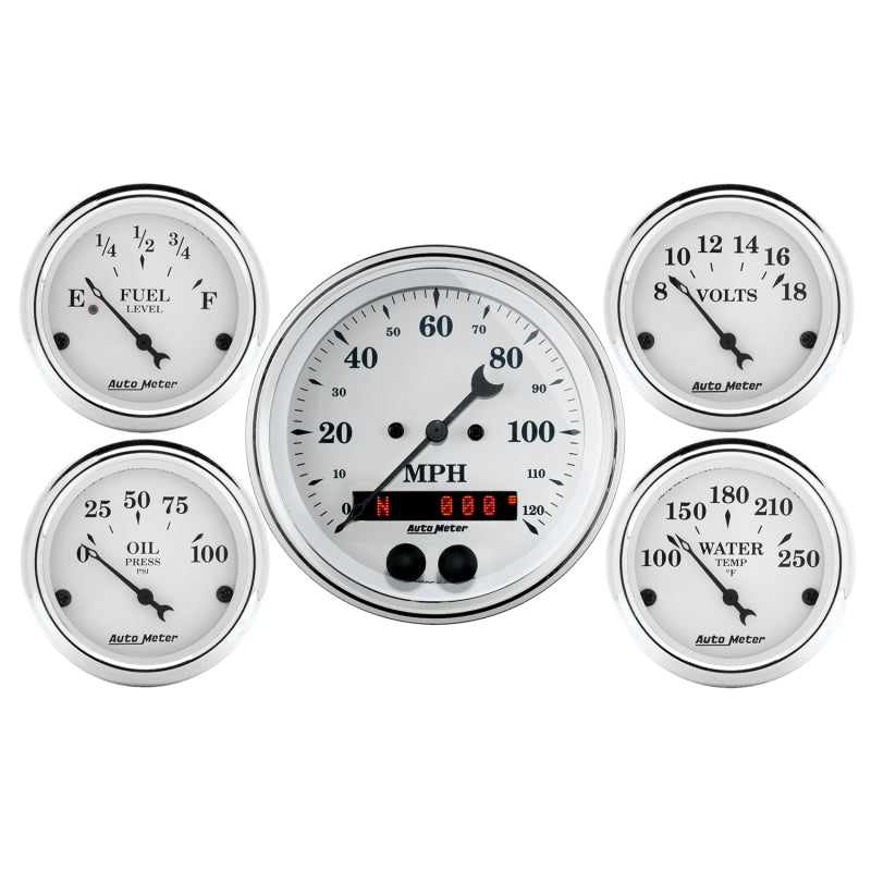 Auto Meter Speedometer 3-3/8in and 2-1/16in 5 Piece Old Tyme White Gauge Kit - My Store