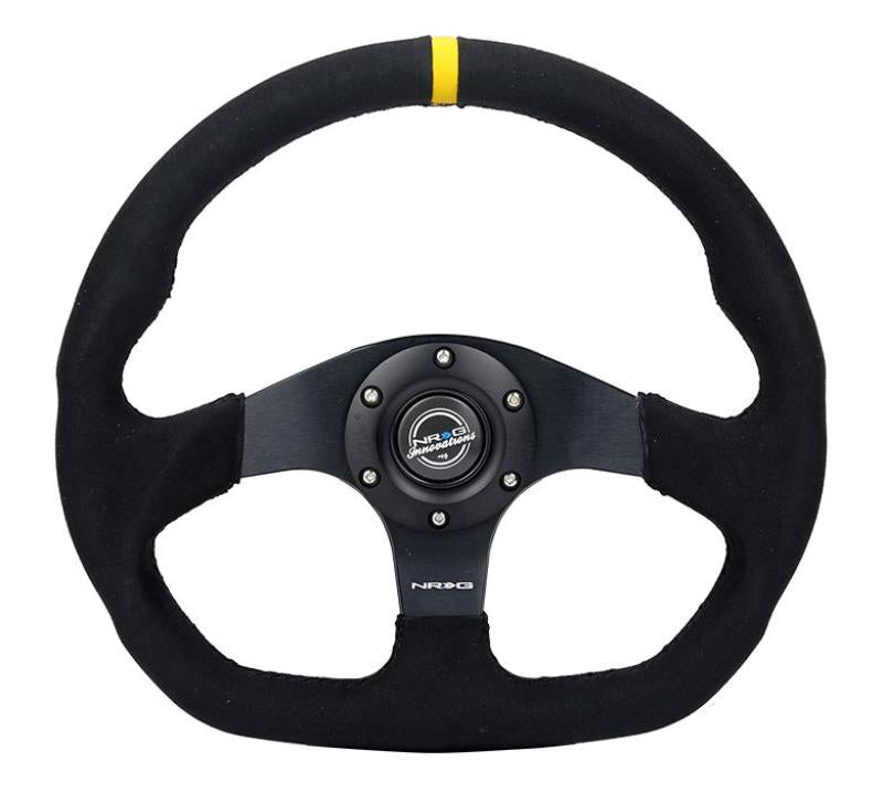 NRG Reinforced Steering Wheel (320mm) Sport Alcantara Dual Push Buttons Flat Bottom w/Yellow Center - My Store