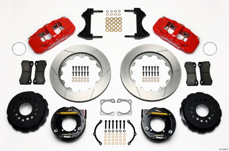 Wilwood Aero4 Rear P-Brake Kit 14.00in Red Chevy 12 Bolt-Spec 3.15in Brng - Mammoth Racing -