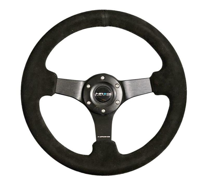NRG Reinforced Steering Wheel (330mm / 3in Deep) Blk Suede w/Criss Cross Stitch w/Blk 3-Spoke Center - My Store