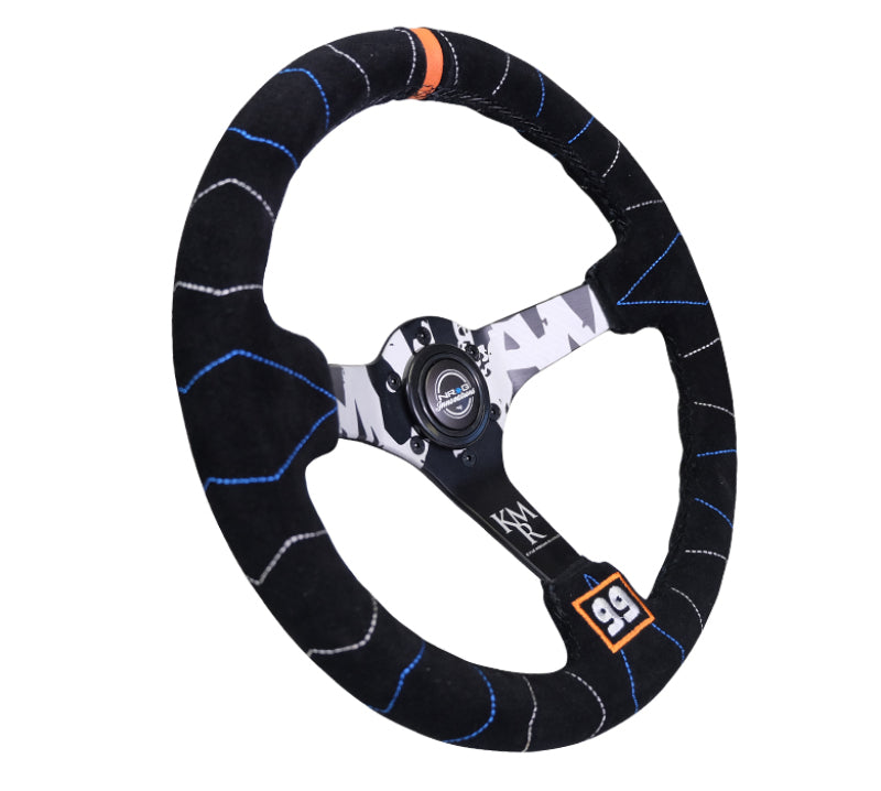 NRG Reinforced Steering Wheel (350mm / 3in. Deep) Blk Suede w/Color Stitch (Kyle Mohan Edition) - My Store