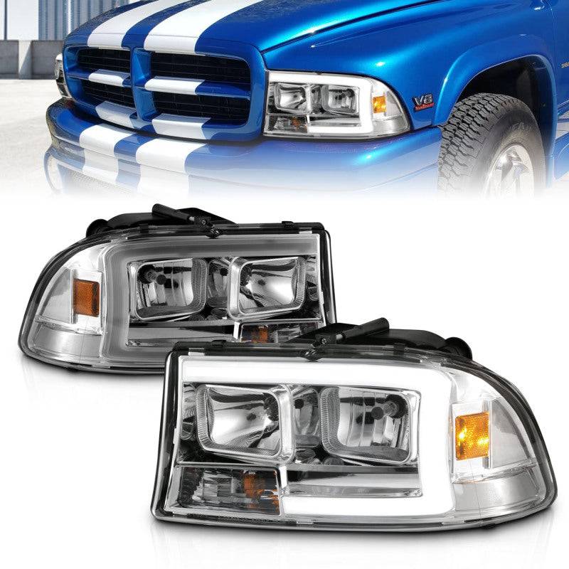 ANZO 97-04 Dodge Dakota/Durango Crystal headlight Set w/ Light Bar Chrome Housing - Mammoth Racing -