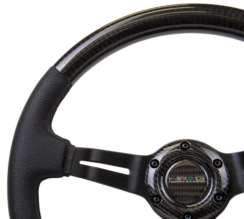 NRG Carbon Fiber Steering Wheel (350mm / 1.5in. Deep) Leather Trim w/Blk Stitch & Slit Cutout Spokes - My Store
