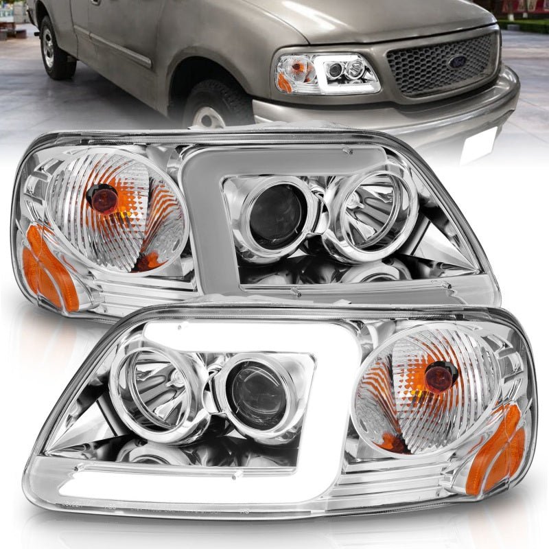 ANZO 1997-2003 Ford F-150 Projector Headlights w/ Light Bar Chrome Housing - Mammoth Racing -