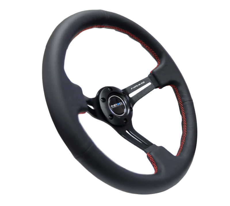 NRG Reinforced Steering Wheel (350mm / 3in. Deep) Black Leather/Red Stitch & Blk 3-Spoke w/Slits - My Store