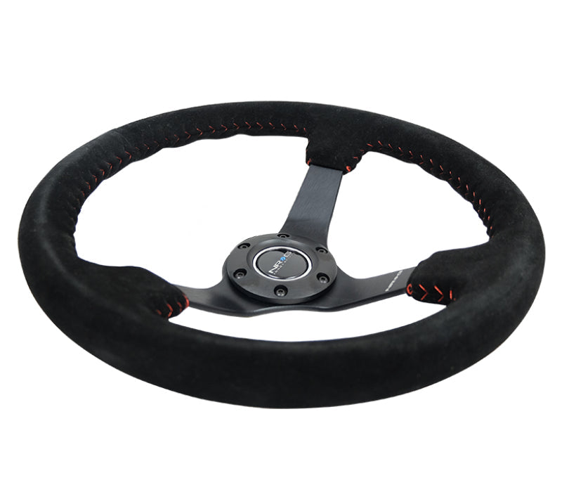 NRG Reinforced Steering Wheel (350mm / 3in. Deep) Blk Suede/Red BBall Stitch w/5mm Matte Blk Spokes - My Store