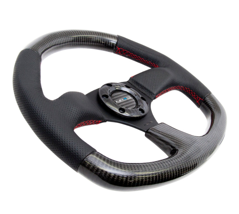NRG Carbon Fiber Steering Wheel (320mm) Flat Bottom & Leather Trim w/Red Stitching - My Store