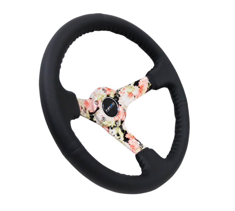 NRG Reinforced Steering Wheel (350mm / 3in. Deep) Blk Leather Floral Dipped w/ Blk Baseball Stitch - My Store
