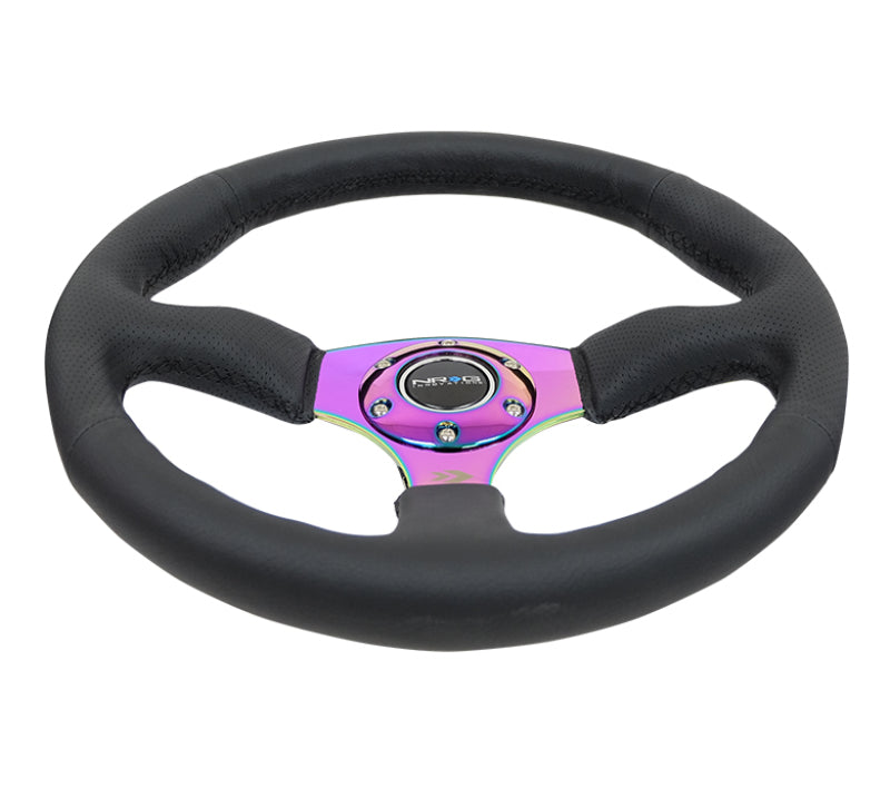 NRG Reinforced Steering Wheel (350mm / 2.5in. Deep) Leather Race Comfort Grip w/4mm Neochrome Spokes - My Store