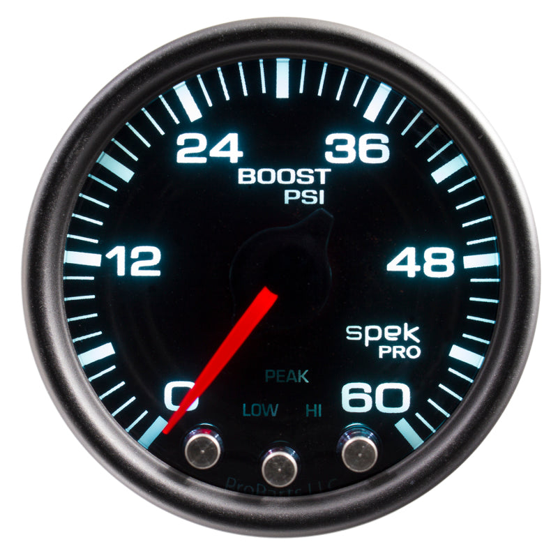 Autometer Spek-Pro Gauge Boost 2 1/16in 60psi Stepper Motor W/Peak & Warn Blk/Smoke/Black - My Store