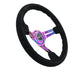 NRG Reinforced Steering Wheel (350mm / 3in. Deep) Blk Suede/Blk Stitch w/Neochrome Slits - My Store