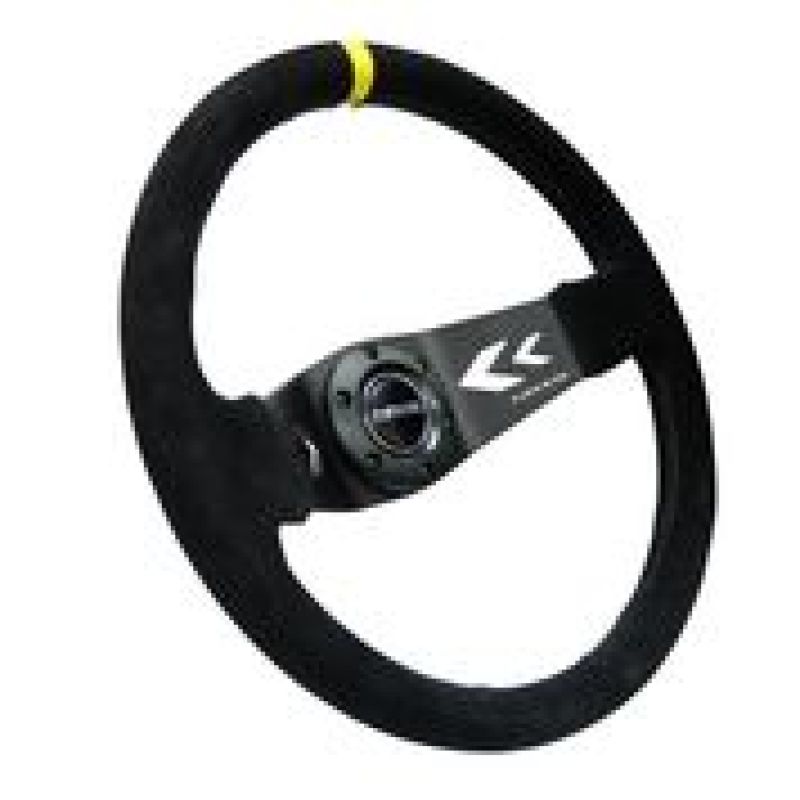 NRG Reinforced Steering Wheel (350mm / 3in. Deep) Blk Suede w/NRG Arrow Cut 2-Spoke & Yellow Mark - My Store